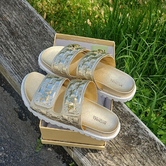 Michael Kors Gold Quilted Platform Sandals - Picture 1 of 9